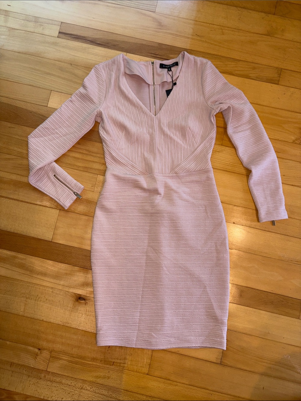 Dynamite Blush Pink Long-Sleeve V-Neck Ribbed Sheath Dress
